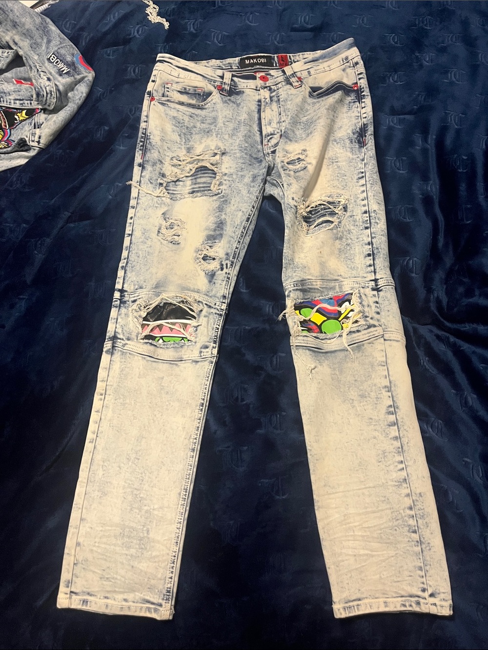 MA-012 Light Acid Wash Slim Straight Jeans with Colorful Knee Panels